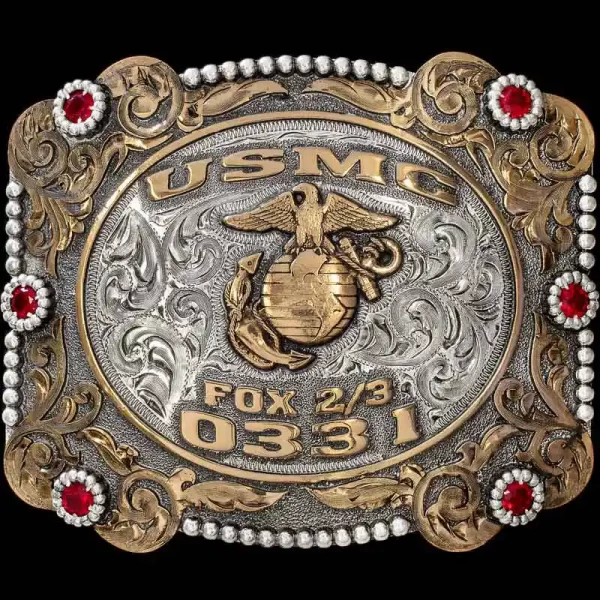 This one's for the Devil Dogs! Show off your USMC Pride with the Pensacola Custom Belt Buckle. This Classic Buckle has 6 large cubic zirconia stones, a German Silver Base and Jeweler's Bronze Scroll edge. 
